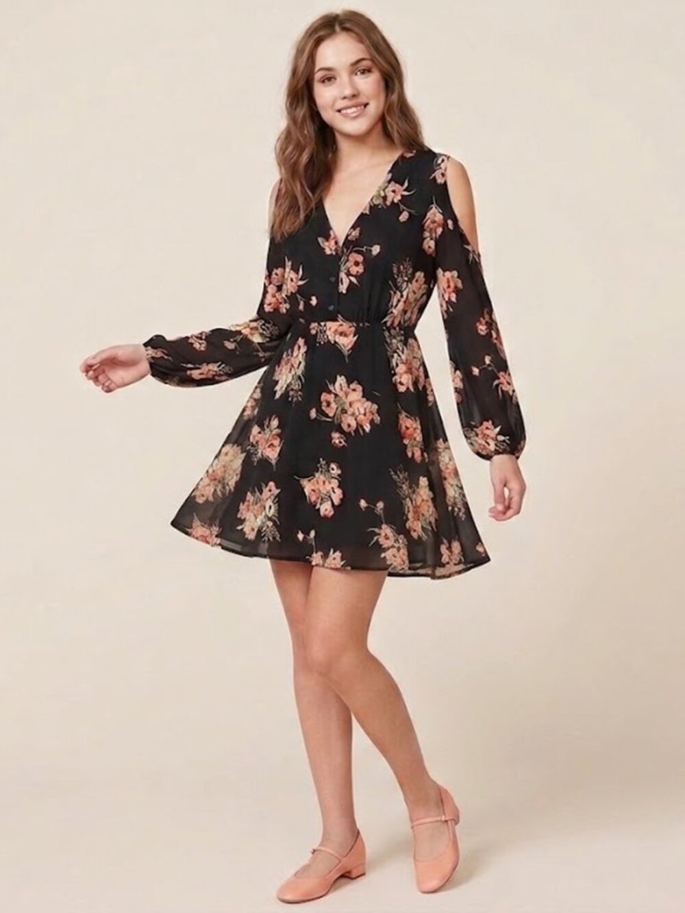  Reformation Calla Black Floral Cold Shoulder Mini Dress  Size 4